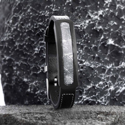 Lange 22cm roestvrij staal leren armband Meteoriet steen armband Uitstekend